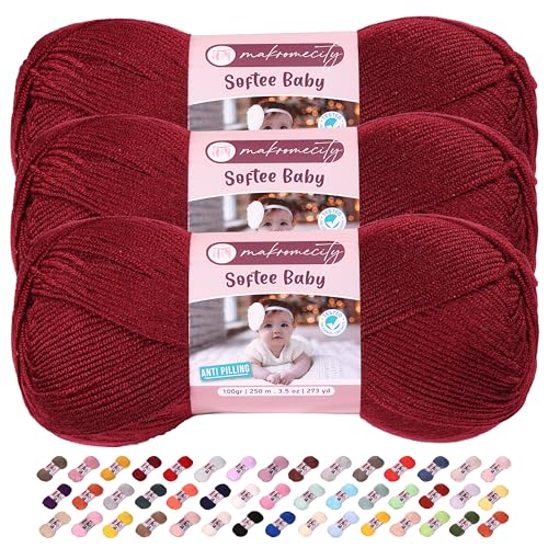 Image of Makromecity Softee Baby Yarn,%100 Premium Anti-Pilling Acrylic, 3.5 Oz, 273 yd (100gr /250 mt), Soft Yarn for Crocheting and Knitting (Burgundy, 3 Skeins)