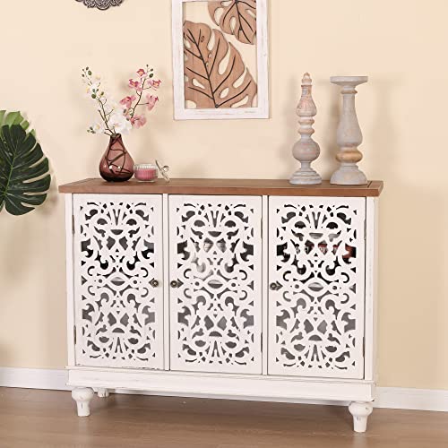 Mfstudio Accent Wood Storage Cabinet, Large Farmhouse Hollow-Carved Buffet Sideboard With 3 Doors Decorative Storage Cabinets For Living Room Kitchen Entryway Hallway, White #TOP6