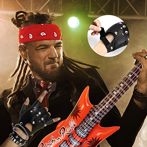 Dreamtop 10Pcs Punk Rockstar Fancy Dress Gothic Rocker Costume Set Rock Star Accessories with Gloves Sunglasses Bandana Tattoo Sleeves Bracelet Ring Inflatable Guitar Microphone - Image 4