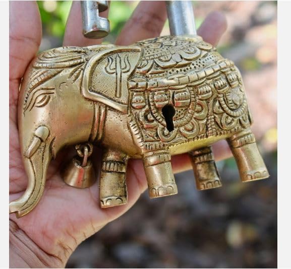 Handmade Decorative Brass Elephant Padlock with Antique Finish, Traditional Design with Keys
