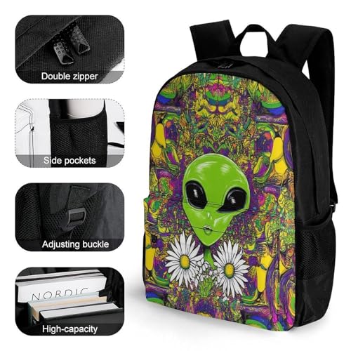 Backpack with Zippered Side Pockets, Unisex Trippy Space Alien Daisy Flowers Art Breathable Backpack for Hiking, Gym, Fashion Adjustable Shoulder Bag3