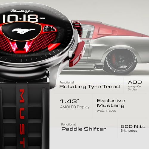 Image of GOBOULT Mustang Racer Smart Watch 1.43'' AMOLED Display, Rotating Bezel, BT Calling, 150+Watchfaces, 500 Nits Brightness, AI Voice Assistant, SpO2 Monitoring, 120+ Sports Mode (Black Blaze)
