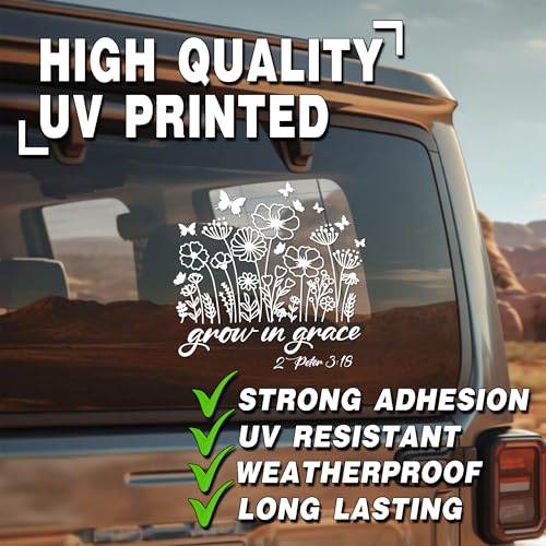 Image of Grow in Grace Peter 3:18 Car Decal Bible Catholic Sticker Floral Christian Decal for Car Window Bumper Truck Inspirational Decals Vinyl Waterproof 6 Inches Car Accessories Stickers Gift for Mom Dad
