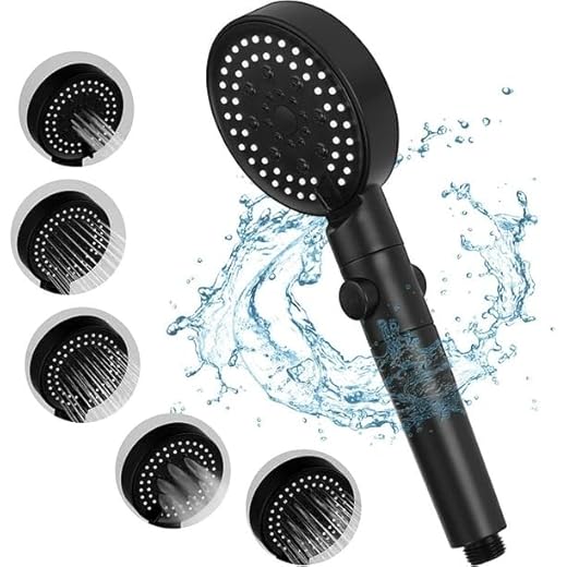 VillaMonroy- Alcachofa de Ducha Alta Presión, Cabezal de Ducha Multifunción, Desmontable Portátil con Ahorro de Agua, Antical. 5 Modos, Cabezal Ducha de Mano con Botón de Parada de Agua. Color Negro
