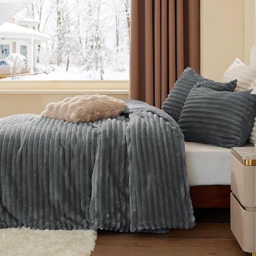 Image of BEDELITE Fleece Oversized Queen Comforter Set -Super Soft & Warm Fluffy Grey Bedding, Luxury Fuzzy Heavy Bed Set for All Season with 2 Pillow Cases