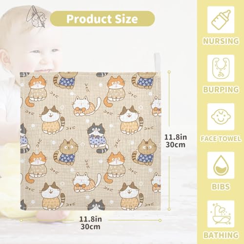Image of vvfelixl Baby Muslin Washcloths Cute Cats Baby Burp Cloths Cotton Baby Face Towel for Newborn Infants Boy Girl Soft and Absorbent 11.8 X 11.8 in, 3 Pack