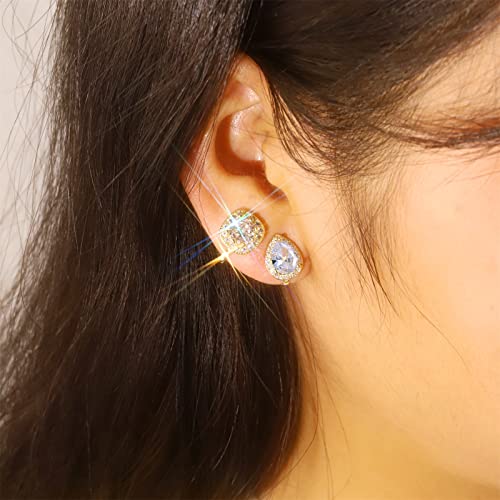 Alexcraft Gold Clip On Earrings For Women 3 Pairs 14K Gold Plated Clip On Diamond Earrings Pave Earrings In 3 Shapes Waterdrop Round Square Cubic Zirconia Earrings Large Halo Earrings For Men #TOP2
