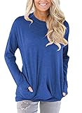 HOTAPEI Women Casual Long Sleeve Round Neck Sweatshirt Loose T-Shirt Womens Tunics Blouses Tops Blue Large