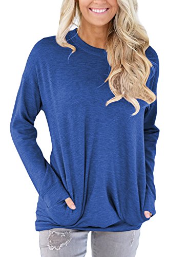 HOTAPEI Women Casual Long Sleeve Round Neck Sweatshirt Loose T-Shirt Womens Tunics Blouses Tops Blue Large