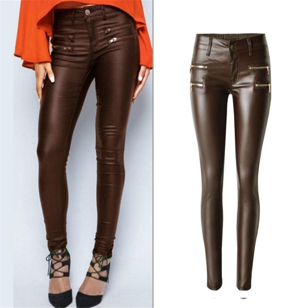 Niedrige Taille braune dünne Hosen Frauen PU-Beschichtung Push Up Jeans Femme Mode Gefälschte Reißverschlüsse Elastizität Pantalones Mujer-34.