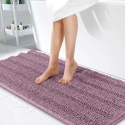Image of OLANLY Thick Bathroom Runner Rugs 47x24, Extra Absorbent Chenille Striped Bath Rugs, Rubber Backing, Machine Wash Dry, Long Bath Mats for Bathroom, Tub and Shower, Home Decor Accessories, Deep Plum