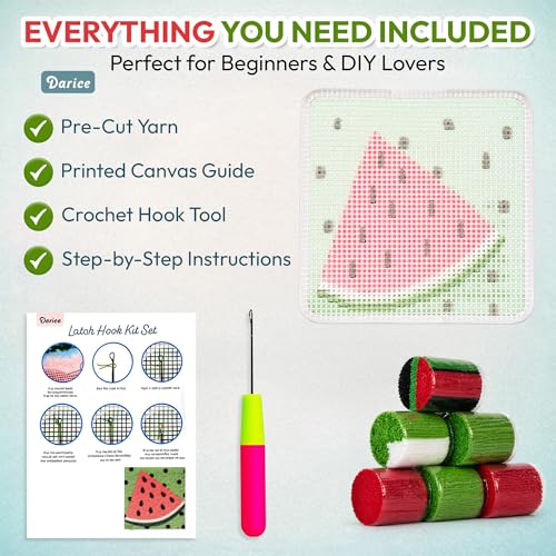 Image of Darice Latch Hook Rug Kit, Watermelon Design DIY Latch Hook Kit for Kids & Adults, Color Canvas, PreCut Yarn & Hook Tool, Craft Activity & Gift for Kids