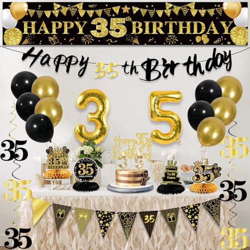 Image of 35th Birthday Decorations for Men, Black Gold 35th Party Decoration Kits | 27pcs Happy 35th Birthday Set, Banner, Honeycomb, Balloons, Gold Number, Candle, Hanging Swirls, Cake Topper, Party Supplies