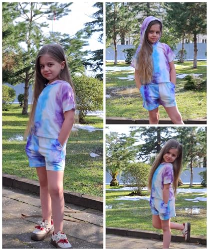 Image of Girls Summer Outfits Kids Hooded-Shirts and Elastic Waist Shorts Sets | short sleeve drop shoulder hooded shirt and shorts with two pockets tie dye leopard letter