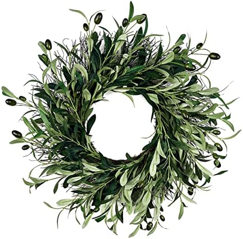 Artificial Olive Wreath for Front Door Farmhouse Greenery Wreath with Olive Leaves Green Wreaths Wall Home Outdoor Indoor Window Festival Wedding Christmas Decor