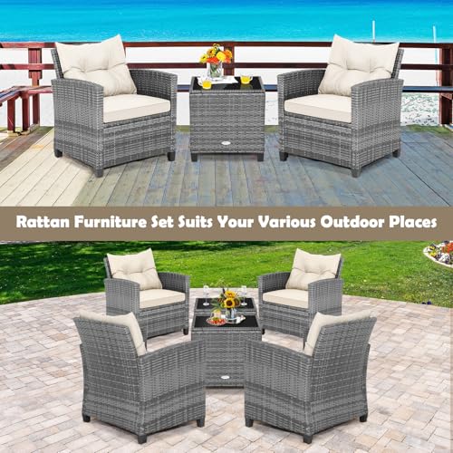 Image of Tangkula 3 Pieces Patio Furniture Set, PE Rattan Wicker 3 Pcs Outdoor Sofa Set w /Washable Cushion and Tempered Glass Tabletop, Conversation Furniture for Garden Poolside Balcony (Mix Grey-White)
