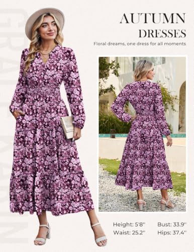 Image of GRACE KARIN Women's Floral Maxi Dress 2026 Fall Long Sleeve V Neck Empire Waist A Line Flowy Dress with Pocket