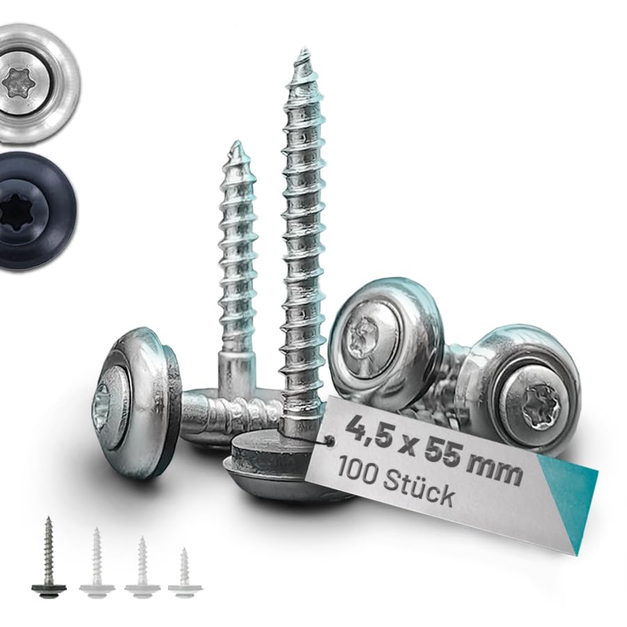 VOOXA 100St Spenglerschrauben Edelstahl A2 4,5x55mm mit EPDM-Dichtscheibe | TX20 Linsenkopfschrauben mit 15mm EPDM-Dichtscheibe | für Holz/Metall/Kunststoff | Fensterbankschrauben