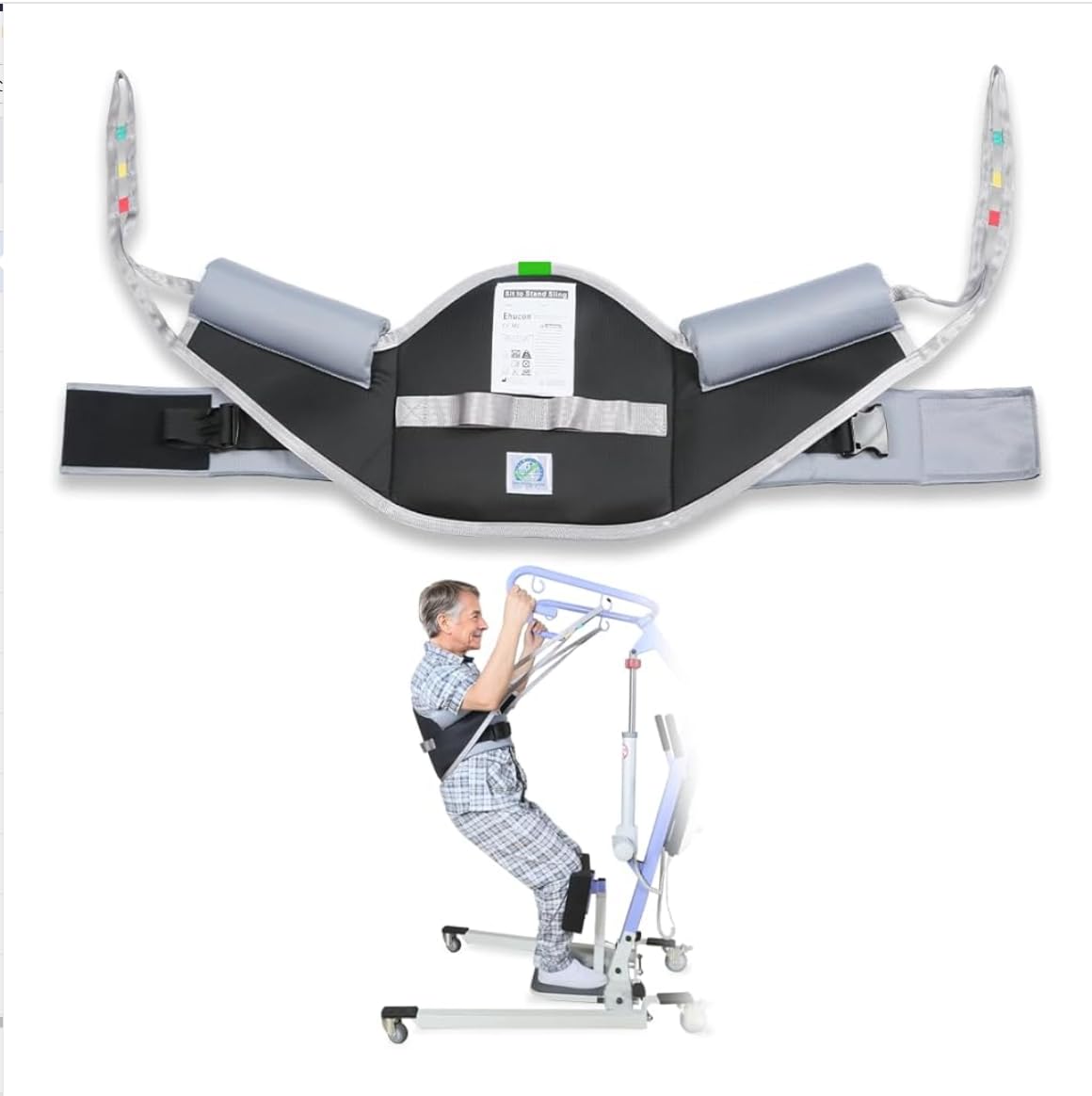 Gepolsterte Sitz-zu-Stand-Hebeschlinge mit Rückenstütze, extra dicke Aufstehhilfe für Rehabilitation und Mobilität im Alter (Black, groß)