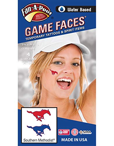 Fan A peel Southern Methodist University (SMU) Mustangs – Water Based Temporary Spirit Tattoos – 4-Piece – 2 Red Mustang Logo & 2 Blue Mustang Logo