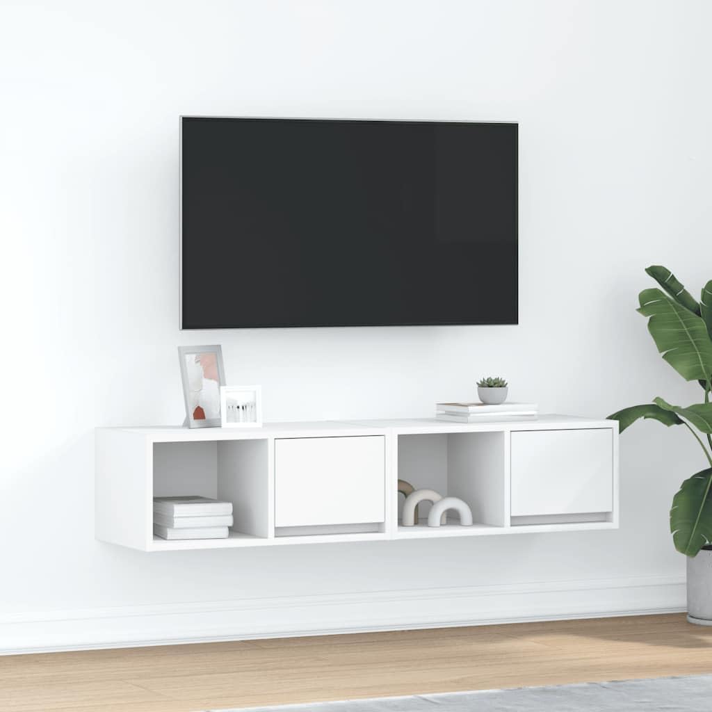 Meuble TV suspendu blanc pour cacher les câbles du salon | Duo de rangement mural moderne 60cm