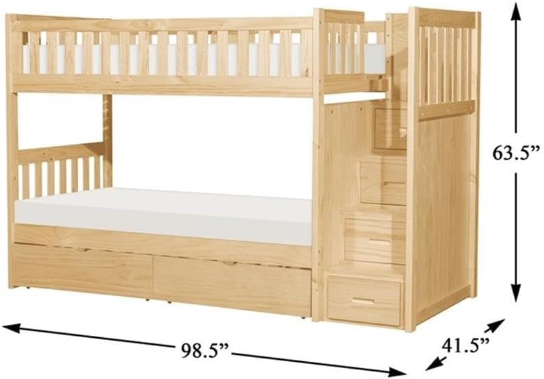 Pemberly Row Twin Over Twin Step Bunk Bed with Storage Drawers, Natural Pine Finish, Pine Veneer/Wood/Engineered Wood, Reversible Stair Design, Under-Bed Storage Boxes, Guard Rails, Kids Bedroom