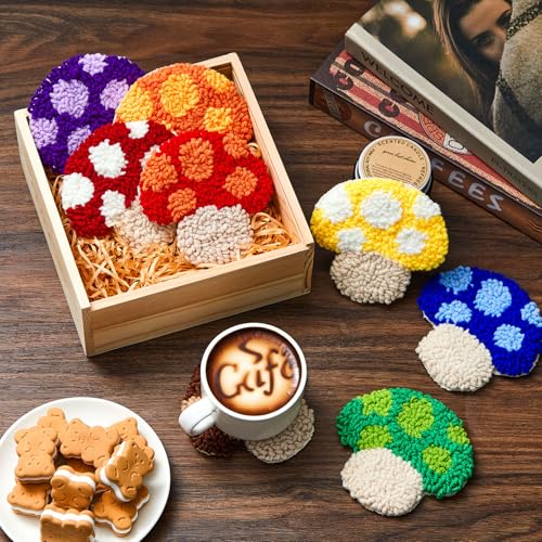 Image of Preboun 8 Pcs Mushroom Punch Needle Coaster Kit, Punch Needle Embroidery Kit for Adults Beginners,DIY Supplies Tufted Coasters Including Yarns Hoop Tools