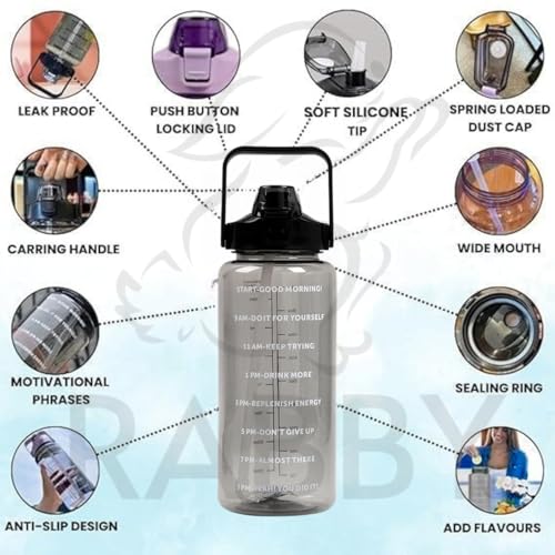 Image of RABBY 2L Motivational Water Bottle for Kids & School Use | Time Marker, BPA-Free, Leakproof Straw Lid, Carry Strap | Plastic Water Bottle for Travel, Sports, Gym, Office, (Black 1Pcs)