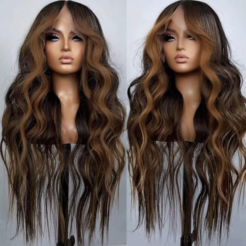 Seykiki Synthetic Lace Front Wigs for Black Women Highlight Brown Mix Black Natural Wavy Glueless Wig Ready to Wear 13x4x1 HD Lace Pre Plucked Middle Part Wig 26 Inch