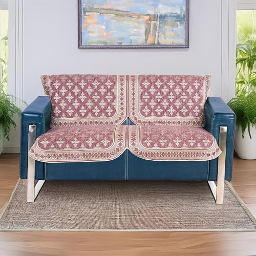 Image of Premium Chenille Woven Anti-Slip 2 Seater Sofa Cover | L-Shape Sofa Seat Protector for Living Room | Durable & Stylish Slipcover - Onion Pink - Floral