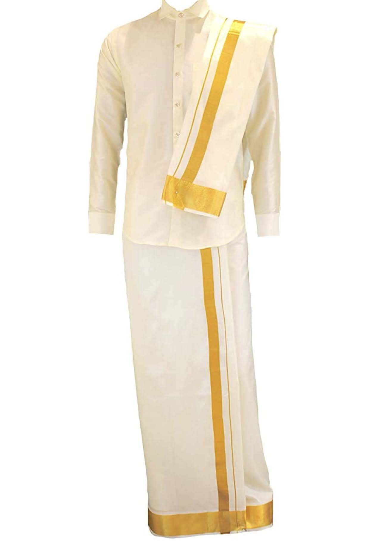 Pure Silk Mens South Indian Wedding (Marriage) Dhoti and Towel set for Men | 8 X 4 | 8 Mulam + 4 Mualm | (Cream(Off-White), 1.5 Inch Jari)