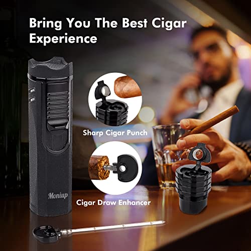 All-In-One Torch Cigar Lighter With Triple Flame, Cigar Punch, Cigar Poker, Cigar Holder, Gas Window, Luxurious Gifts For Men, Refillable Windproof Butane Cool Lighters For Smoking, Candles, Christmas #TOP3