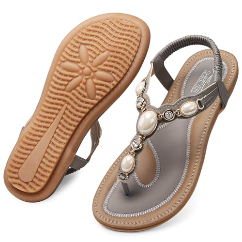Image of SHIBEVER Dressy Flat Women Sandals: Comfortable Summer Thong Flats Sandal | Arch Support Walking Ankle Strap Dress Rhinestone Bling Womens Sandal - All Day Comfort Casual Beach Boho Women's Shoes