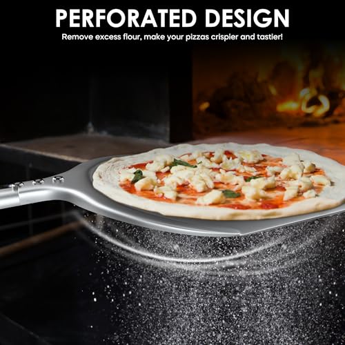 Image of Pizza Peel - 12'' Aluminum Perforated Launch Placement Retrieving Peel - Metal Hanging Hook - Lightweight Turning Peel - Non-stick Pizza Paddle - Outdoor Pizza Oven Accessories