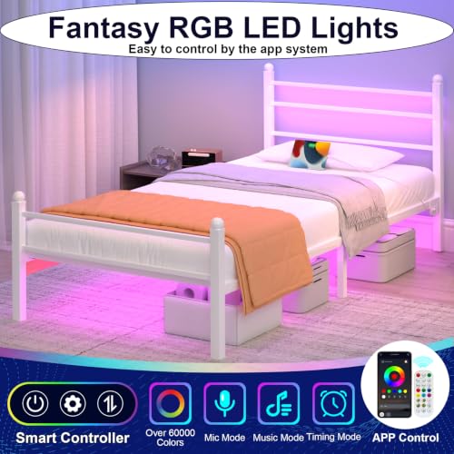 Image of J.Fkne Twin Bed Frame with LED Lights & Charging Station, Metal Platform Bed with Headboard, Heavy Duty Metal Slats, No Box Spring Needed, Noise Free, Easy Assembly, White