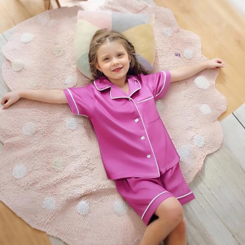 LQSZ 3-Piece Girls Pajamas Set Soft Silk Satin Short Sleeve Button-Down Sleepwear Nightwear Loungewear for Kids 3-12 Years3