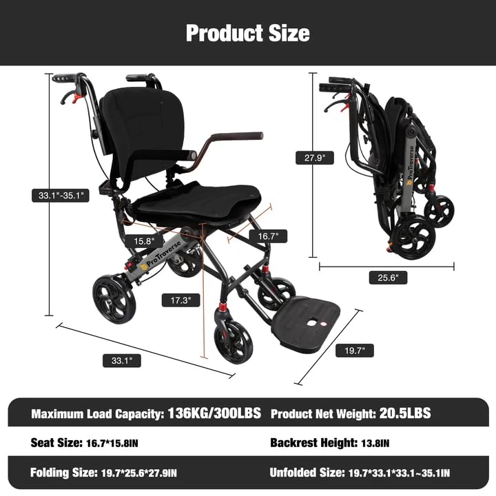 Wheelchairs for Adults,Transport Wheelchair Lightweight Foldable with Removable Cushion,Transport Chair,Ergonomic Travel Wheelchair with Telescopic Handle,Gifts for Grandpa,Black