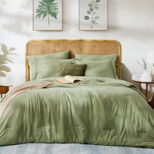Image of King Size Comforter Set- 7 Pieces Prewashed Bed in a Bag King Bedding Sets | Soft All Season Comforter with Sheets, Pillow Shams & Pillowcases, Sage Green