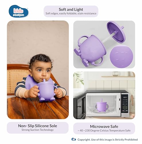 Image of Kids Station 8-Piece Silicone Baby Feeding Set | Suction Bowl, Plate, Bib, Cup, Spoon & Fork | 100% Food Grade BPA-Free Silicone | Non-Slip, Easy to Clean (Pack of 8, Purple)