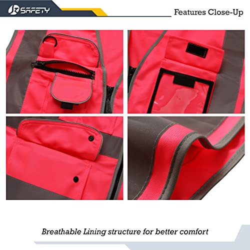 Image of JKSafety 9 Pockets Class 2 High Visibility Zipper Front Safety Vest With Reflective Strips, Meets ANSI /ISEA Standards (Medium, 150-Pink)