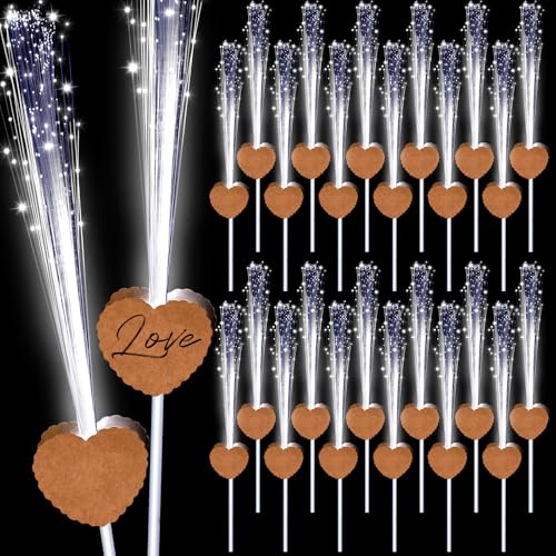 Tujoe 100 Pcs Wedding Sparklers Heart Shaped LED Glow Sticks White Fiber Optic Wands Light up Wand with 3 Light Mode for Wedding Bridal Shower Birthday Glow in the Dark Party Supplies