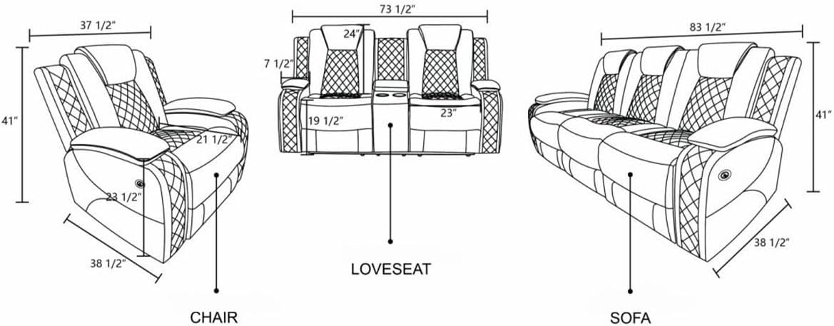 Electric Power Recliner Loveseat Set Living Room Furniture, Comfy Home Theater Breathing Leather Seating with USB 2.0 Charging Ports, LED Light Strips, Mid Console and Cupholders (White)