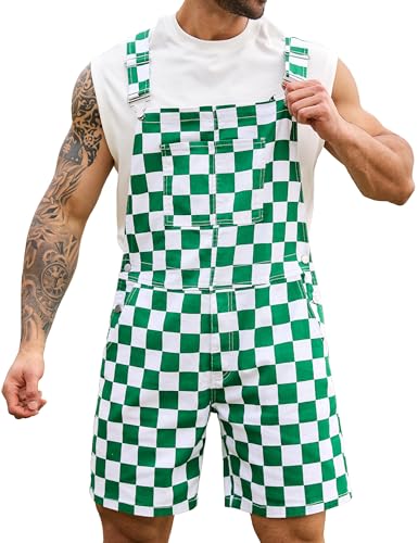 Odefou Checkered Bib Overalls for Men Jumpsuit Shorts Work Coveralls(Green Checkered 3XL)