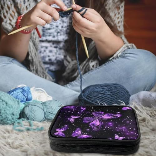 Image of Crochet Hook Case Purple Butterfly Crochet Hook Holder Portable Crochet Hook Storage Bag with Web Pockets Suitable for Crochet Needles /Knitting Accessories