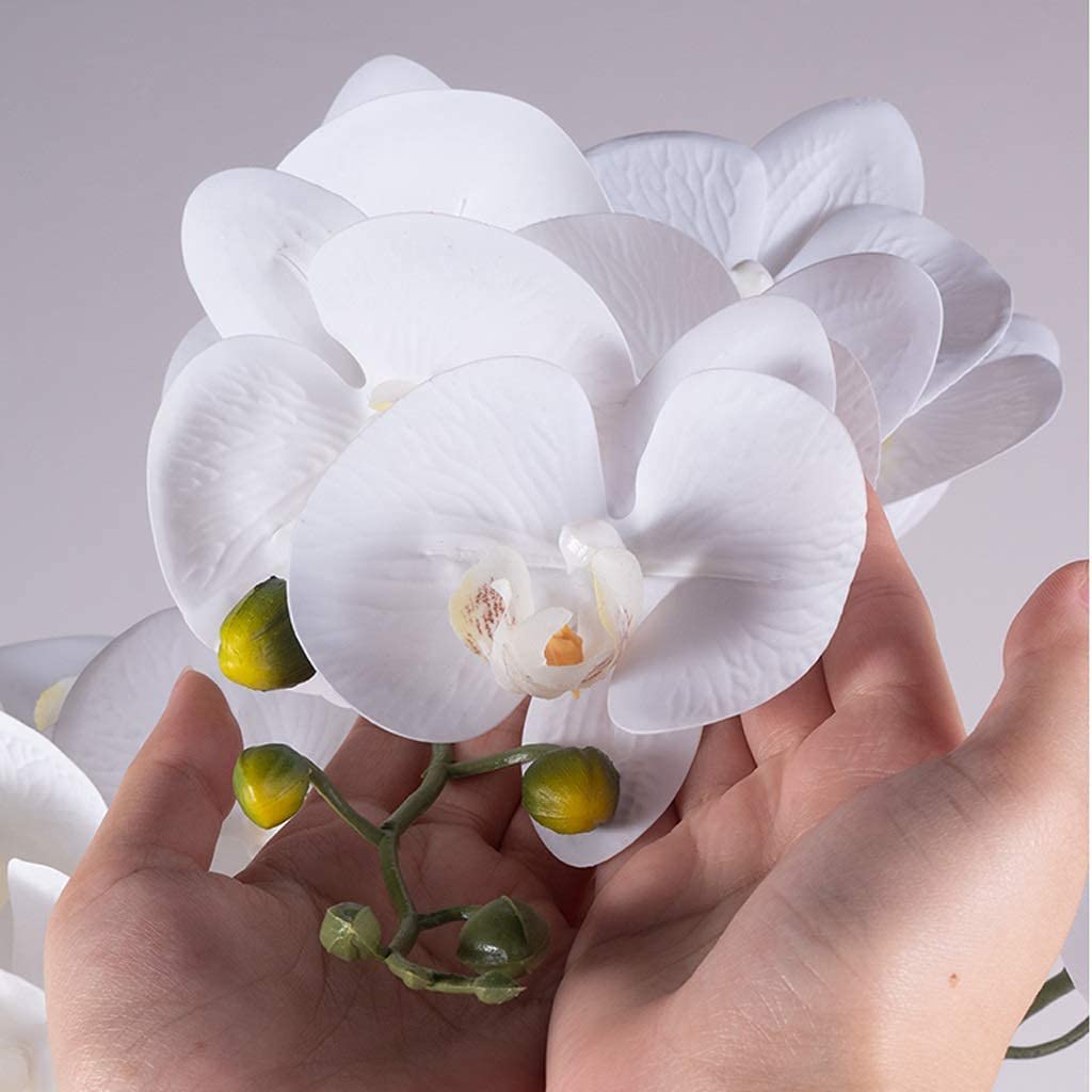 Juego de flores artificiales, jarrón dorado, orquídea blanca Pu Phalaenopsis, jarrón falso, planta en maceta para sala de estar, decoración para el hogar (blanco)