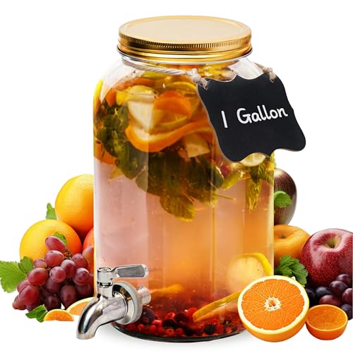 1 Gallon Kombucha Glass Beverage Dispenser With Spigot - Wide-Mouth - Glass Drink Dispenser Parties & Home Use And Lid For Juice, Wine, And Cold Drinks - Punch Dispenser - 10'X6'X6'