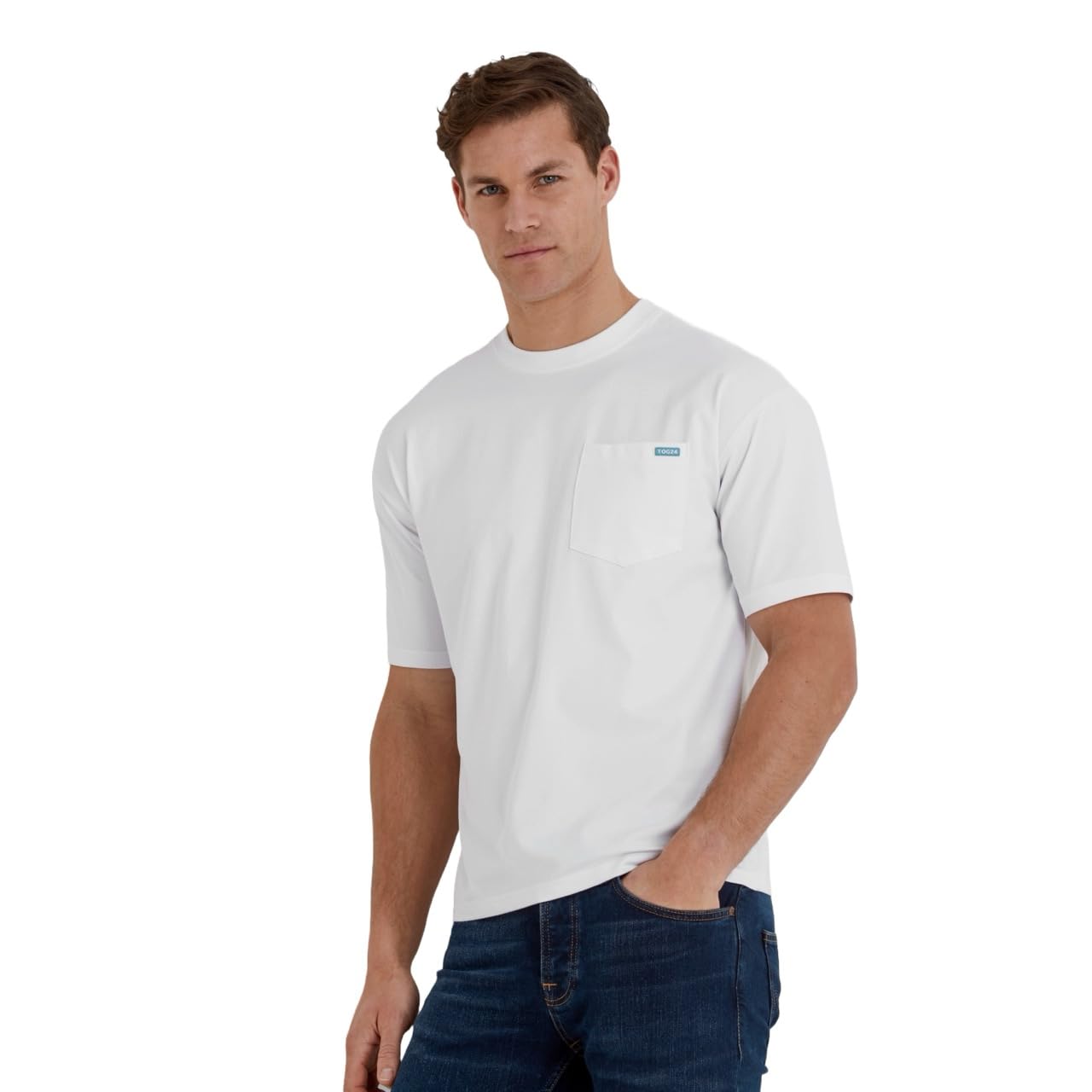 Tog24 Men's Optic White Denva T-Shirt, Premium, Hevyweight Jersey Fabric Made From Supersoft Cotton Blend, Patch Pocket On Chest, Relaxed, Casual Fit