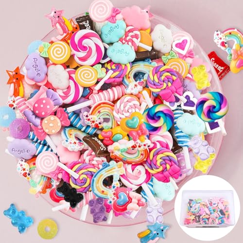 LOSYHU 220 Pieces Mixed Slime Charms Resin Fake Candy Charms Kawaii Cute Set Sweet Embellishments Assorted Flatback Resin Lollipops for DIY Crafts and Ornament Scrapbooking, with Storage Box