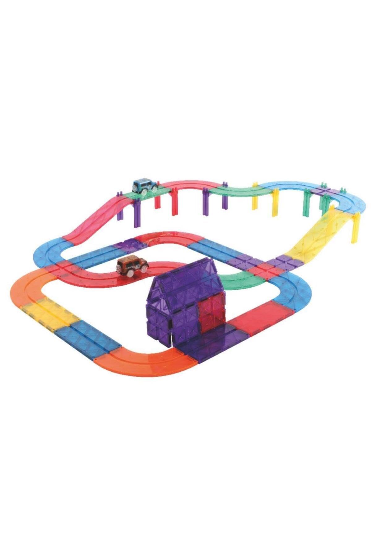 Autobahn-Bausatz in Knallfarben 65 Teile, Magnetspielzeug Rennstrecke mit Auto, Verkehrsschilder, Robustes Lernspielzeug, langlebige Magnetbausteine, für Kinder ab 3 Jahren
