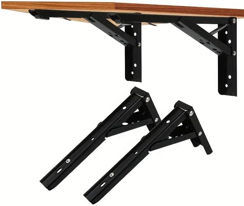Folding Shelf Brackets - 10 Inch Heavy Duty Metal Collapsible Shelf Bracket for Bench Table, Shelf Hinge Wall Mounted Space Saving DIY Bracket, Max Load: 150 lb (2 PCS, Black)